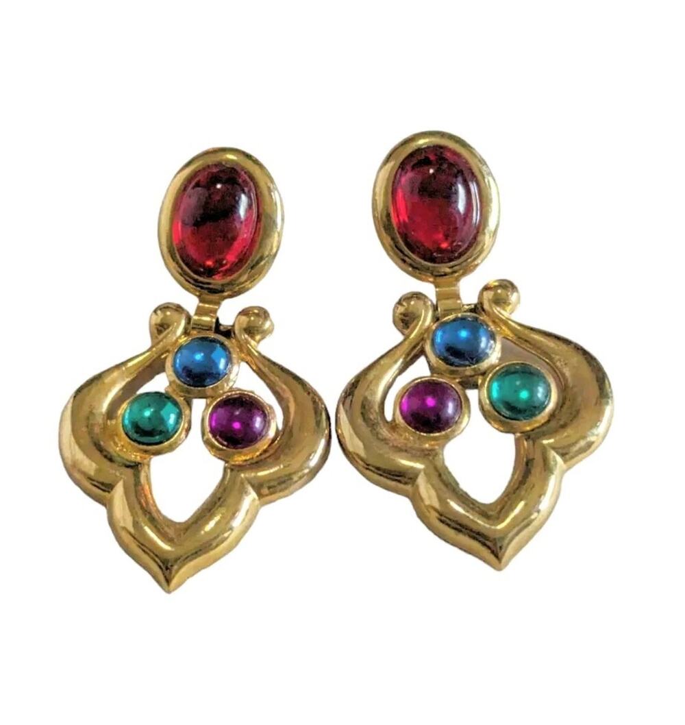 Vtg Gold Tone Gripoix Cabochon Drop Earrings purple green blue Red Colorful 80s